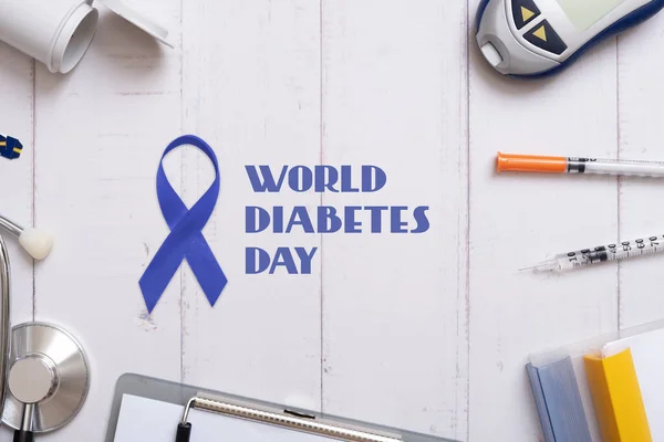 World Diabetes Day Text Glucometer Stethoskope Syringes Tablet Wooden Background — Φωτογραφία Αρχείου