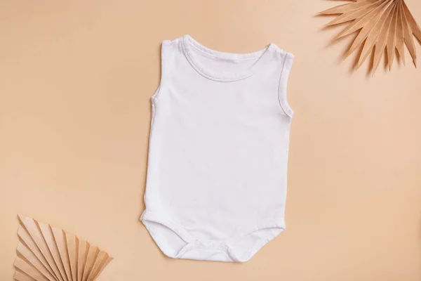 White Baby Bodysuit Mock Logo Text Design Beige Background Palm — Foto de Stock