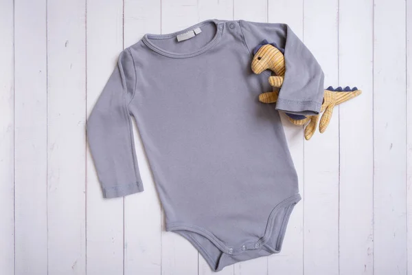 Grey Baby Bodysuit Top View Mock Logo Text Design Wooden — Foto de Stock