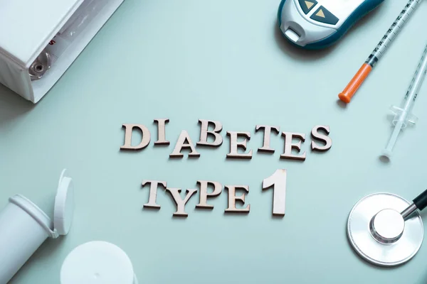 Inscription Diabetes Type Glucometer Syringes Medical Equipment Colored Background Top — Stock Fotó
