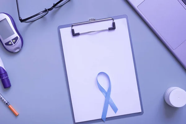 Blue Ribbon Glucometer Medical Supplies Color Background Top View Copy — Stock Fotó
