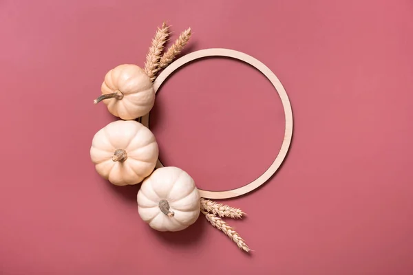Decoratieve Pompoenen Houten Frame Voor Tekst Herfst Thema Blanco Bovenaanzicht — Stockfoto