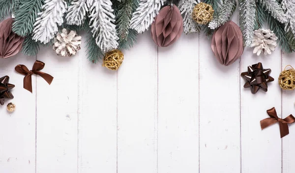 Festive Creative Christmas Composition Pine Paper Christmas Balls Other Decor — Stock Photo, Image