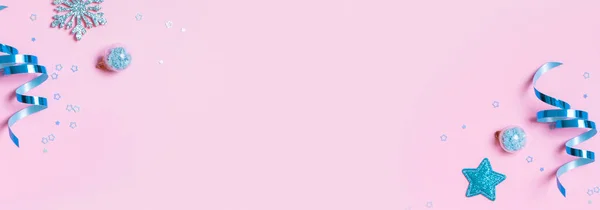 Abstract winter christmas minimalistic banner on pink background with copy space.