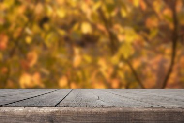 Sonbahar arkaplanlı eski, eski, ahşap bir yüzey yap. Ürününüz için sahne. Yüksek kalite fotoğraf