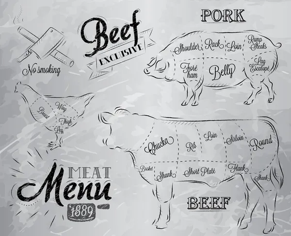 Bistecca di carne pollo suino di mucca diviso in pezzi di carne — Vettoriale Stock