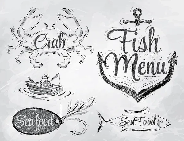 Conjunto de coleta de frutos do mar e menu de peixe — Vetor de Stock
