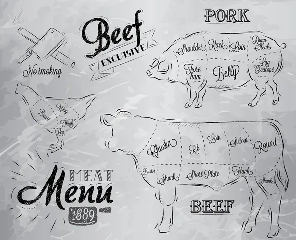 Meat steak cow pig chicken divided into pieces of meat — Stock Illustration Meat steak cow pig chicken divided into pieces of meat Stock Vector
