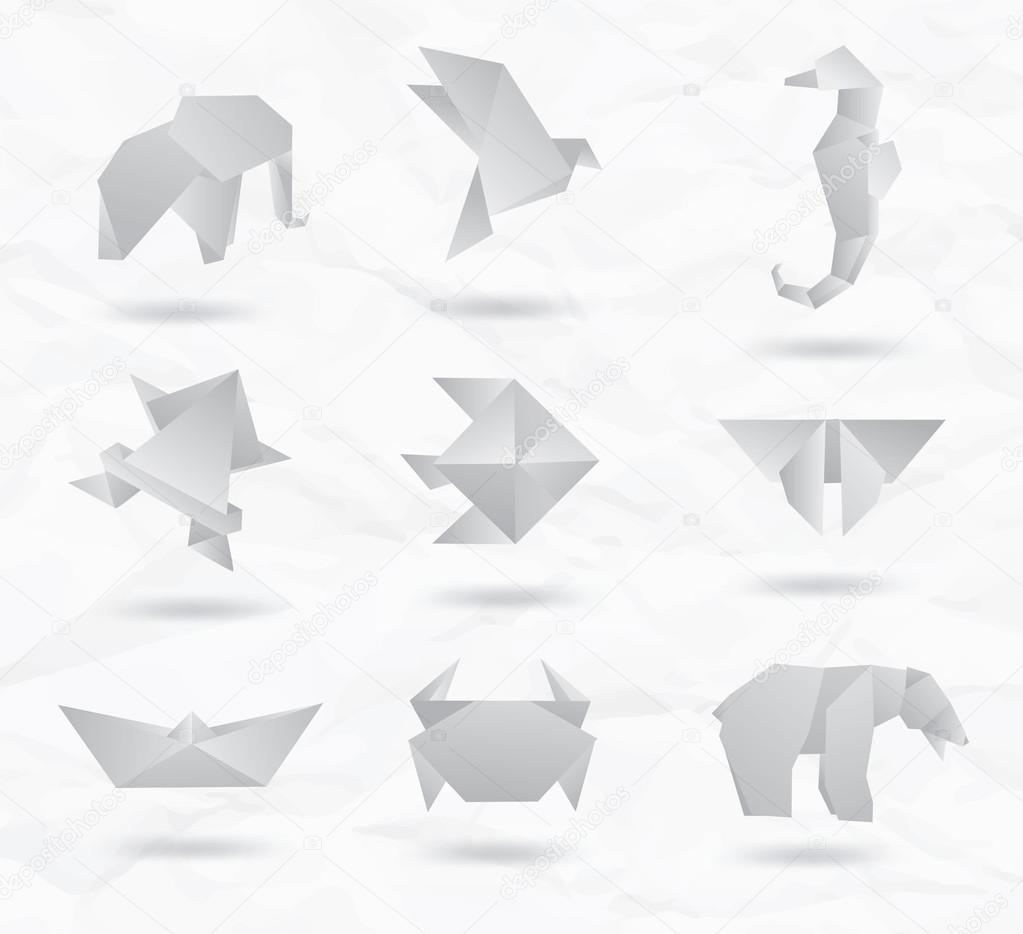 Set of white origami animals symbols from paper