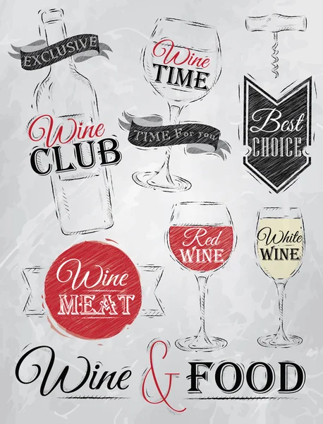Set colección de vino, club de vino, vino tinto, vino blanco, copa de vino — Archivo Imágenes Vectoriales