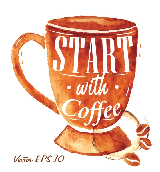 Grande xícara desenhada despeje café com a inscrição Comece com café —  Vetores de Stock
