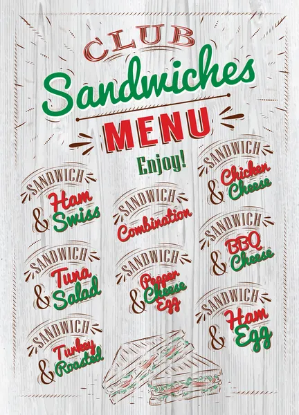 Sandwiches menú madera — Vector de stock