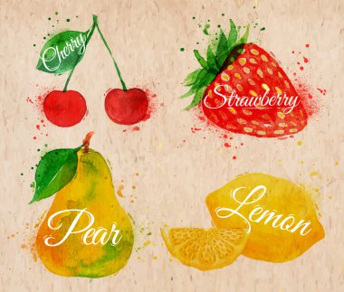 meyve suluboya kiraz, limon, çilek, armut, kraft