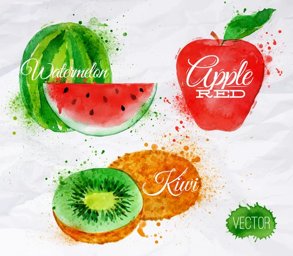 Fruit aquarel watermeloen, kiwi, apple rood — Stockvector