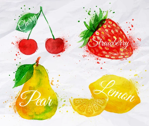 Fruit watercolor cherry, lemon, strawberry, pear — Stock Vector