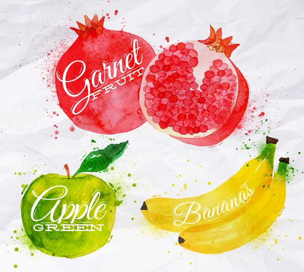 Aquarell Wassermelone, Banane, Granatapfel, Apfelgrün — Stockvektor