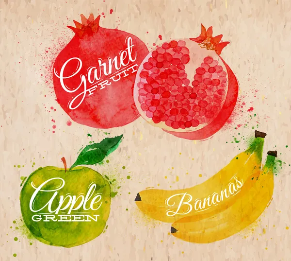 Fruit aquarel watermeloen, banaan, granaatappel, appel groen in kraft — Stockvector