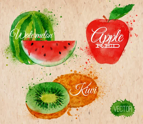 Frucht-Aquarell Wassermelone, Kiwi, Apfelrot in Kraft — Stockvektor