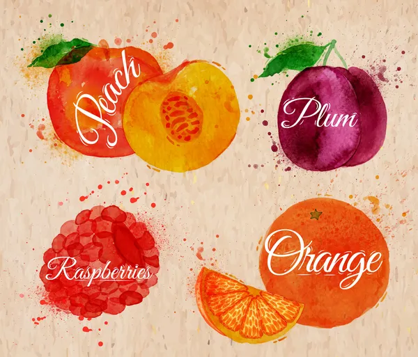 Frutas aquarela pêssego, framboesa, ameixa, laranja em kraft —  Vetores de Stock