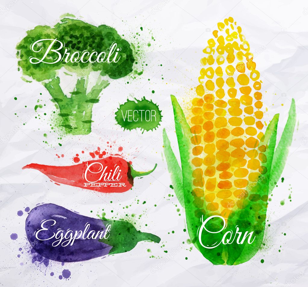 Vegetables watercolor corn, broccoli, chili, eggplant
