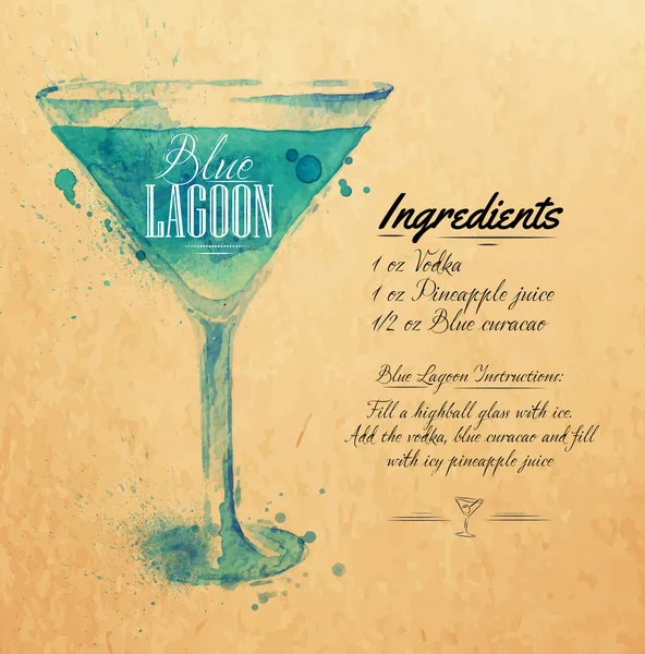 Blue Lagoon cocktails watercolor kraft — Stock Vector