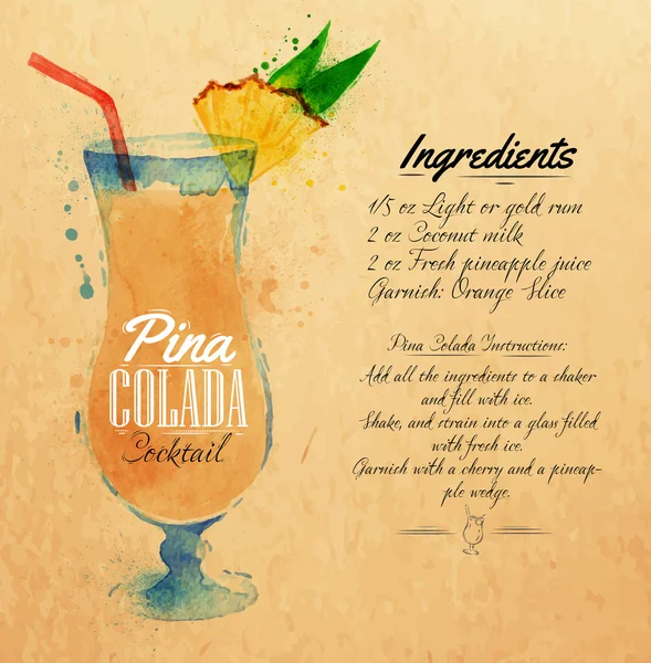 Pina Colada Cocktails Aquarell Kraft — Stockvektor