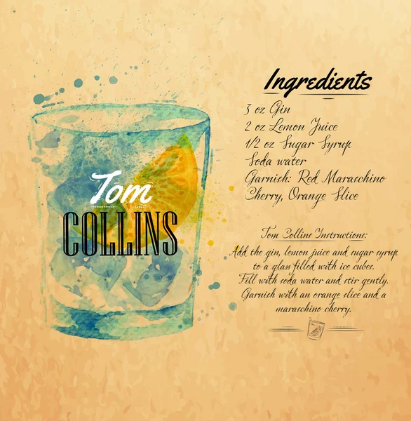 Tom Collins cócteles acuarela kraft — Archivo Imágenes Vectoriales