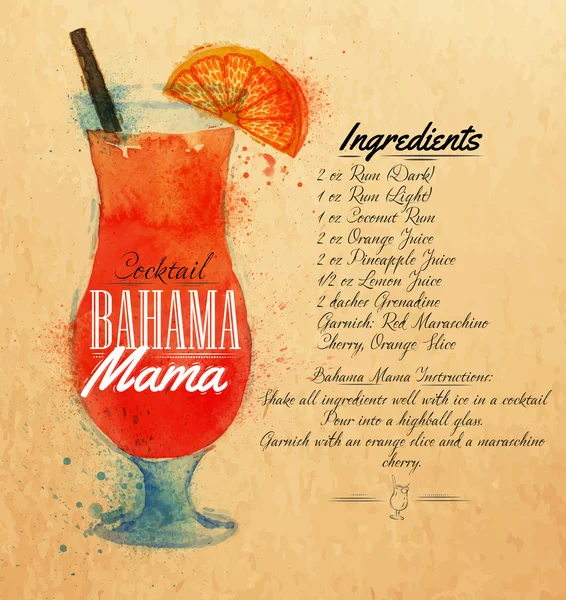 Bahama mama cocktails aquarela kraft — Vetor de Stock