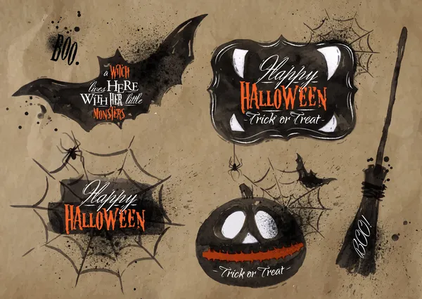 Halloween instellen symbolen belettering kraft — Stockvector