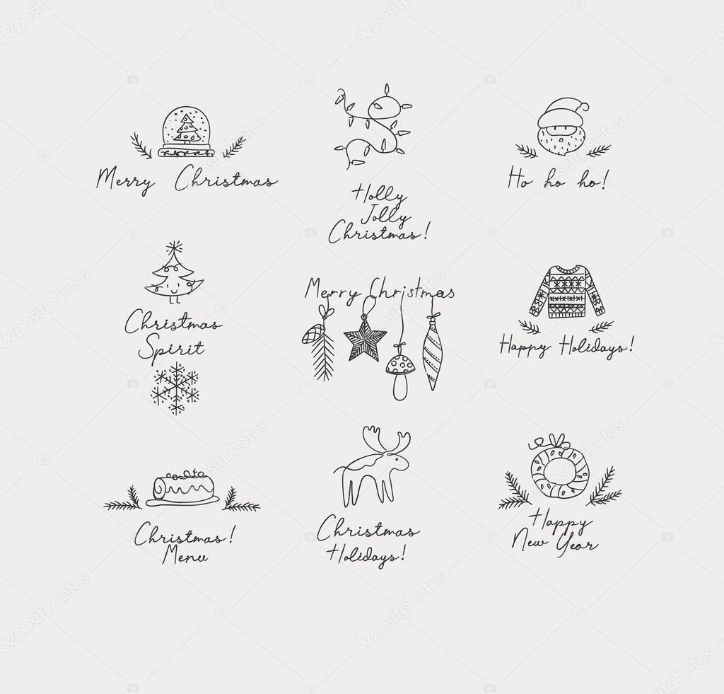 Christmas labels with lettering drawing in hand sketch style on grey background