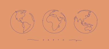 Somon rengi arkaplan üzerinde kalem satırı tarzında el çizimi dünya çizimi çizimi