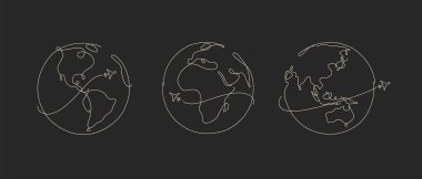 Hand drawing globe plane traveling in pen line style on black background vector