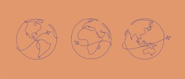 Hand drawing globe plane traveling in pen line style on salmon color background vector