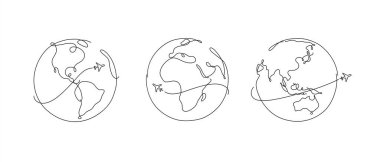 Hand drawing globe plane traveling in pen line style on white background vector