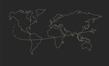 World map pen line plane travel drawing on black background vector