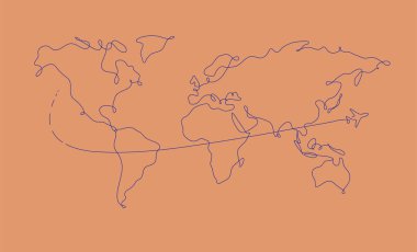 World map pen line plane travel drawing on salmon color background vector