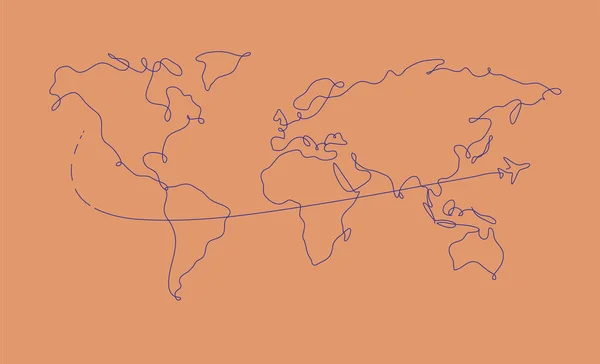 Mapa Mundo Caneta Linha Avião Viagem Desenho Sobre Fundo Cor —  Vetores de Stock