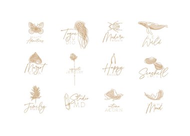 Flora ve Fauna Art Deco etiketleri beyaz arkaplanda harflerle çizilmiş