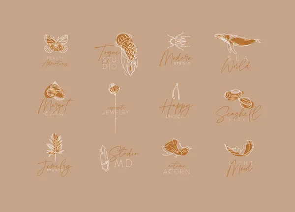 Flora Fauna Art Deco Etiketten Met Belettering Tekening Beige Achtergrond — Stockvector