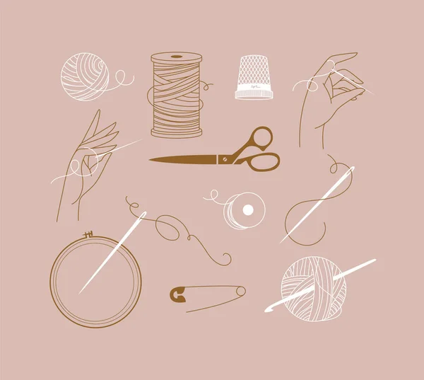 Sewing Symbols Thread Needle Scissors Pin Thimble Knitting Hand Spool — Stock Vector