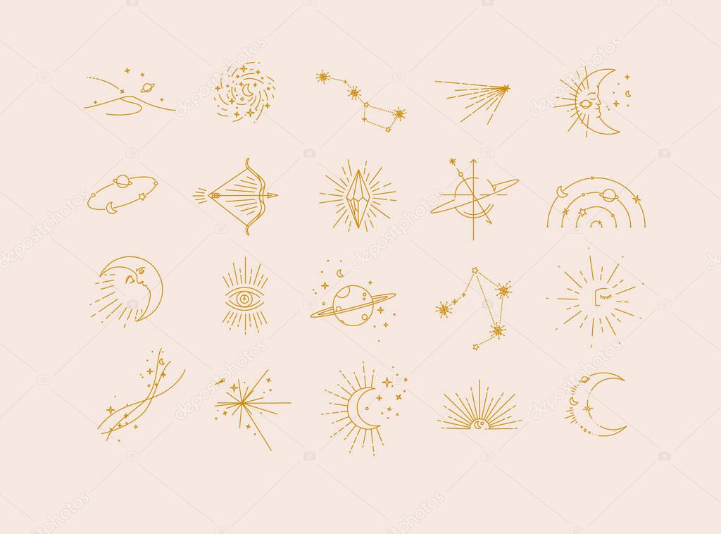 Flat elegance astrology signs landscape, galaxy, constellation, comet, moon, orbit, bow, arrows, crystal, eye, Saturn, star, stars, sun, particles, particle, sunset, space modern line style drawing with brown color lines on beige background