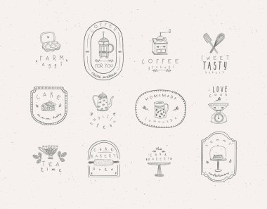 Gri arka planda el yapımı grafiksel gelişigüzel çizim içeren mutfak etiketleri..