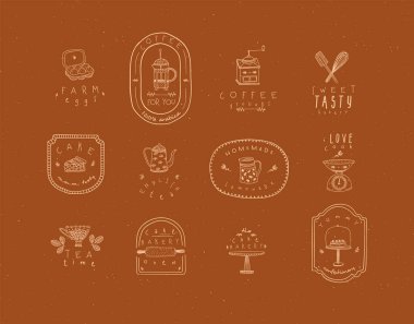 Hardal arka planında el yapımı grafiksel gelişigüzel çizilmiş mutfak etiketleri..