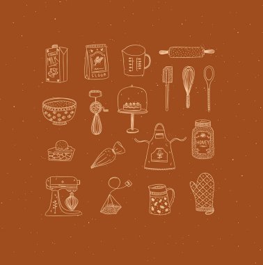 Hardal arkaplanına el yapımı grafiksel gelişigüzel el yapımı fırın malzemeleri..