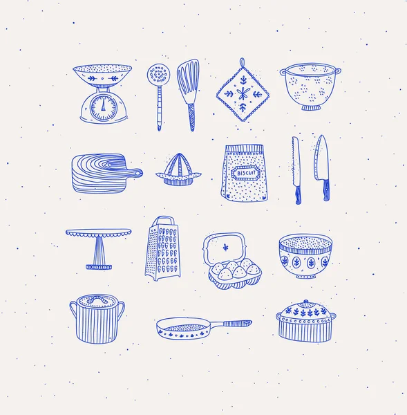 Set Kitchen Tools Cooking Icons Drawing Handmade Graphic Primitive Casual — Image vectorielle