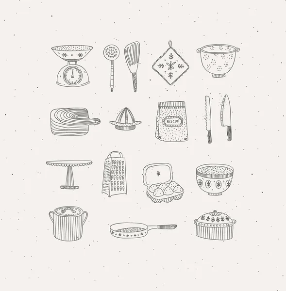 灰色の背景に手作りのグラフィック原始的なカジュアルスタイルで描かれたキッチンツールや料理のアイコンのセット — ストックベクタ