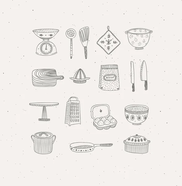 Conjunto Herramientas Cocina Iconos Cocina Dibujando Estilo Casual Primitivo Gráfico — Vector de stock