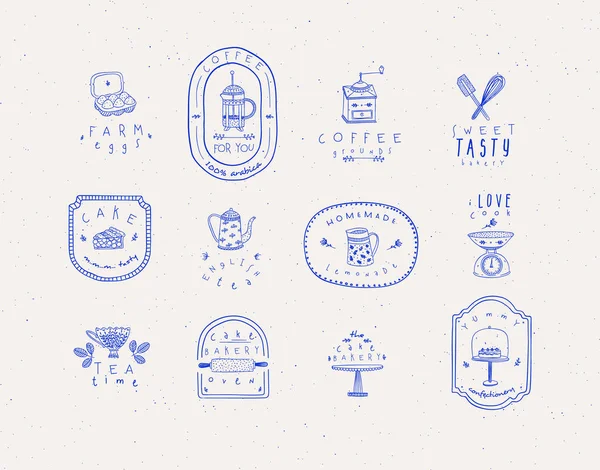 Set Kitchen Labels Lettering Drawing Handmade Graphic Primitive Casual Style — Wektor stockowy