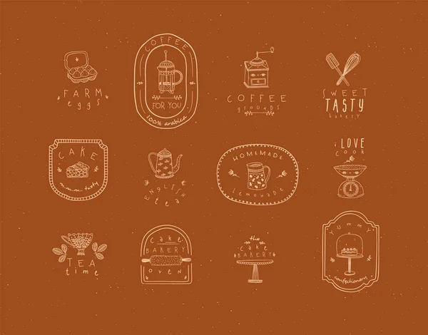Set Kitchen Labels Lettering Drawing Handmade Graphic Primitive Casual Style — Image vectorielle