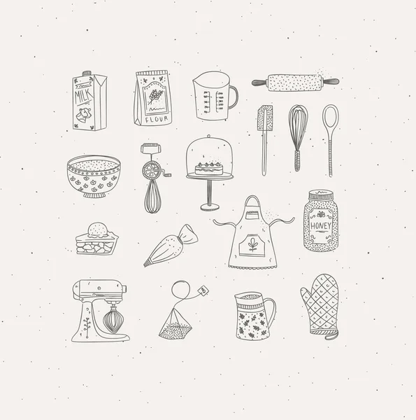Mutfak fırını malzemesi seti gri arka planda el yapımı grafiksel gelişigüzel resim çiziyor..